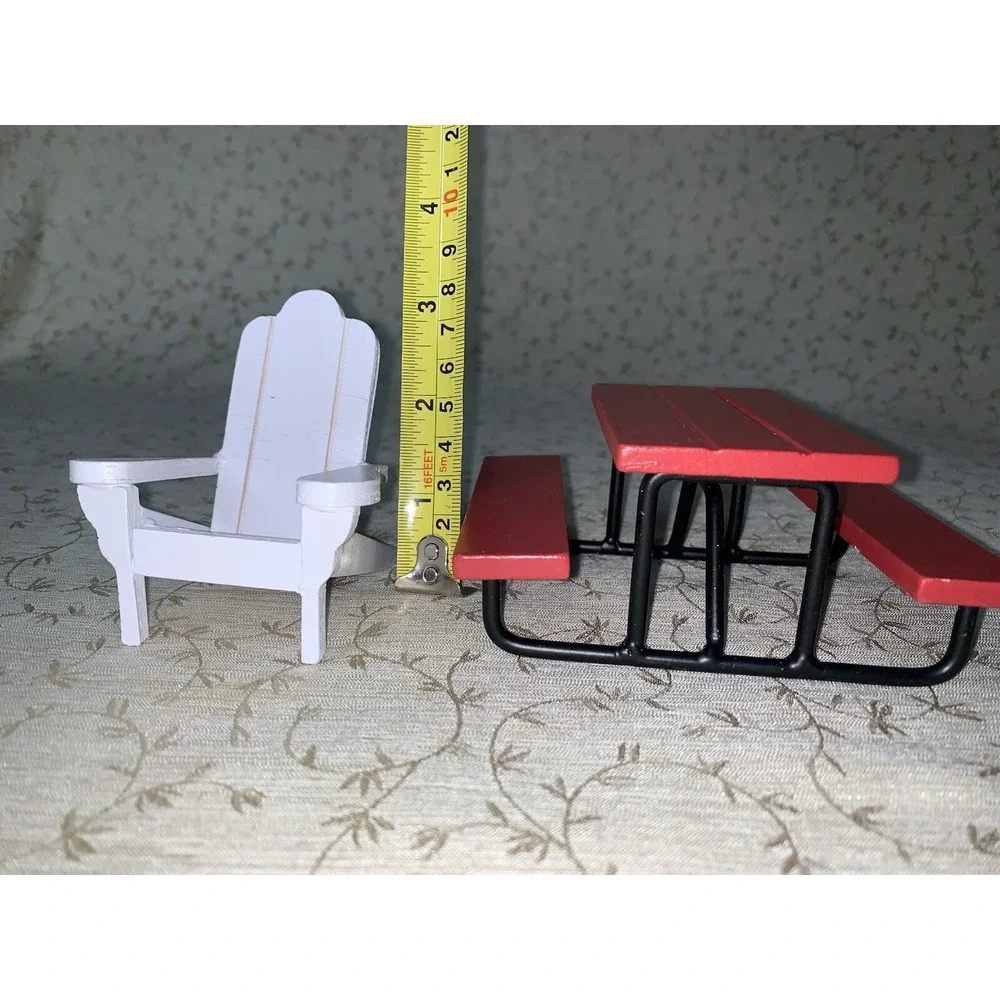 Dollhouse Picnic Furniture Outdoor Red Wood Picnic Table, Adironback Wood Chair